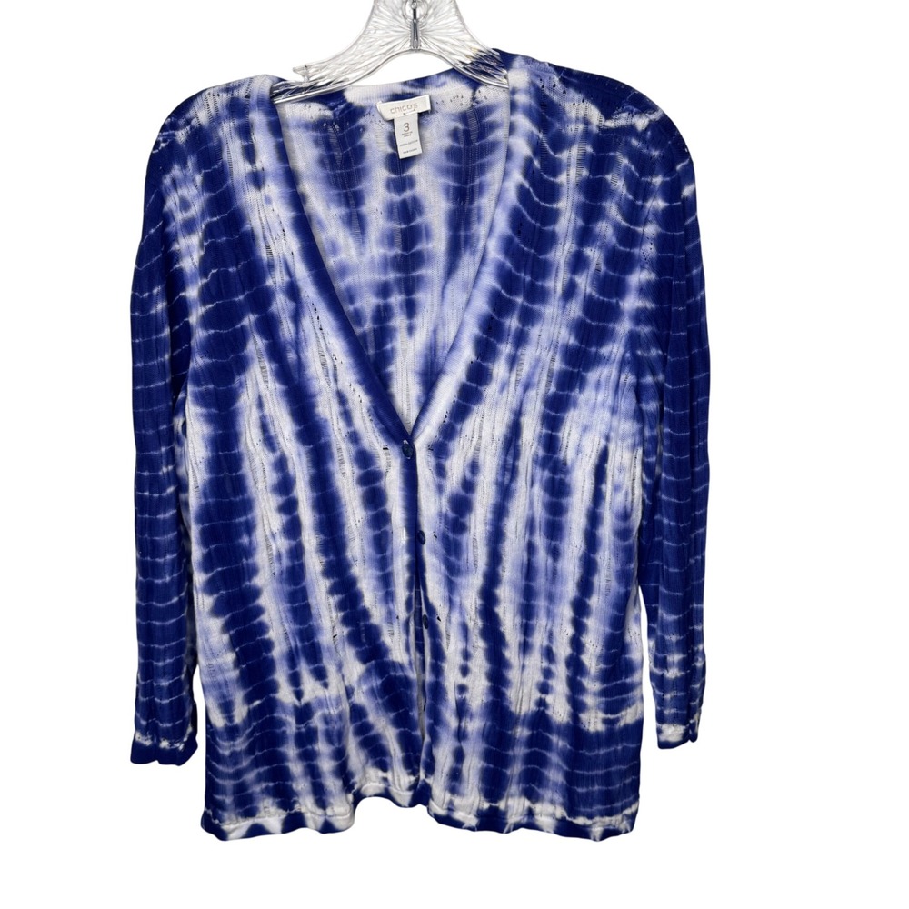 Chicos Blue White Tie Dye Cotton Cardigan Sweater Size 3 XL Open Knit V-Neck‎